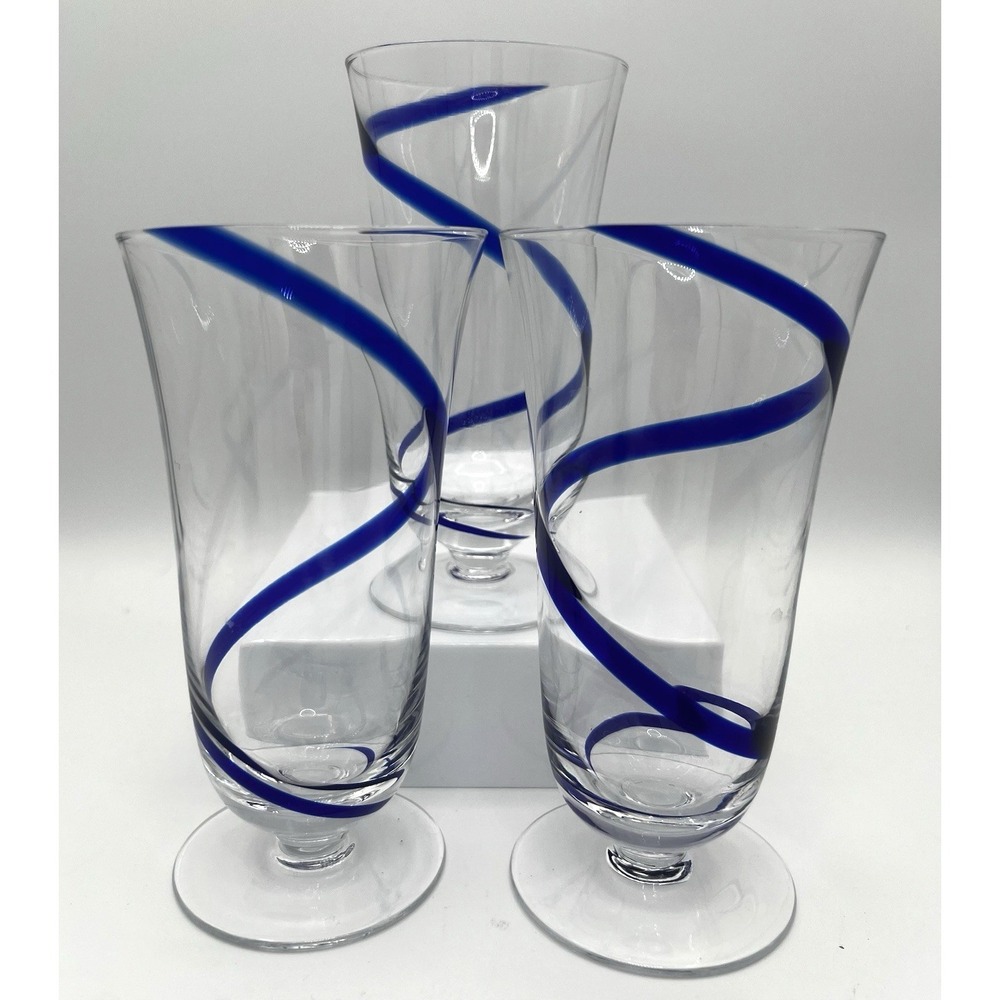 Pier 1 Swirline Cobalt Blue Footed 14 oz Glass Art Glass Set Of 3 Pilsner / Tea